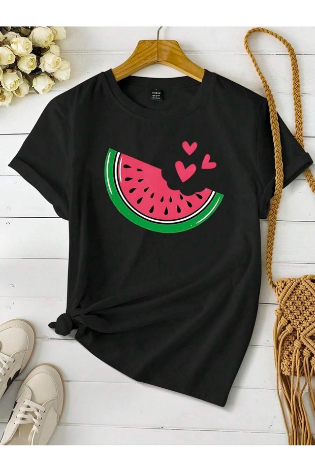 Women's Black Watermelon Printed Oversize T-Shirt