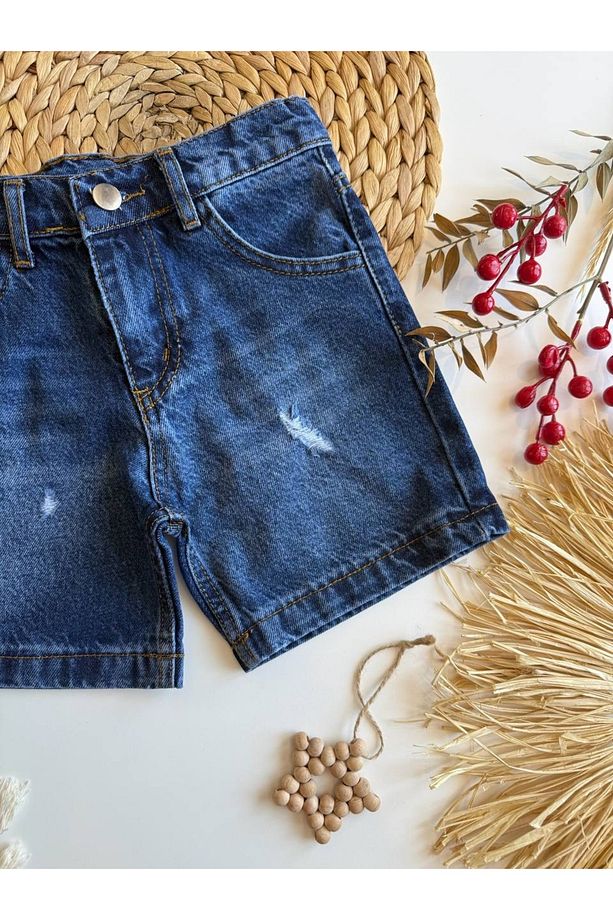 Yırtık Detaylı Unisex Denim Şort – Mavi (3-10 Yaş) - 2