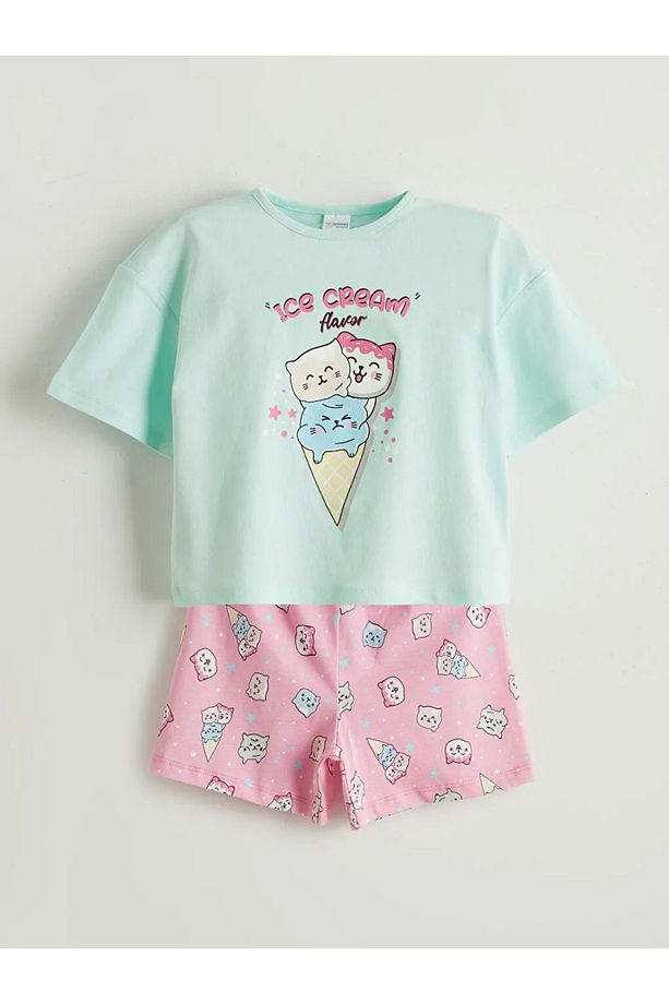 LCW Kids Mavi Baskılı Kız Çocuk Şortlu Pijama Takım - 1