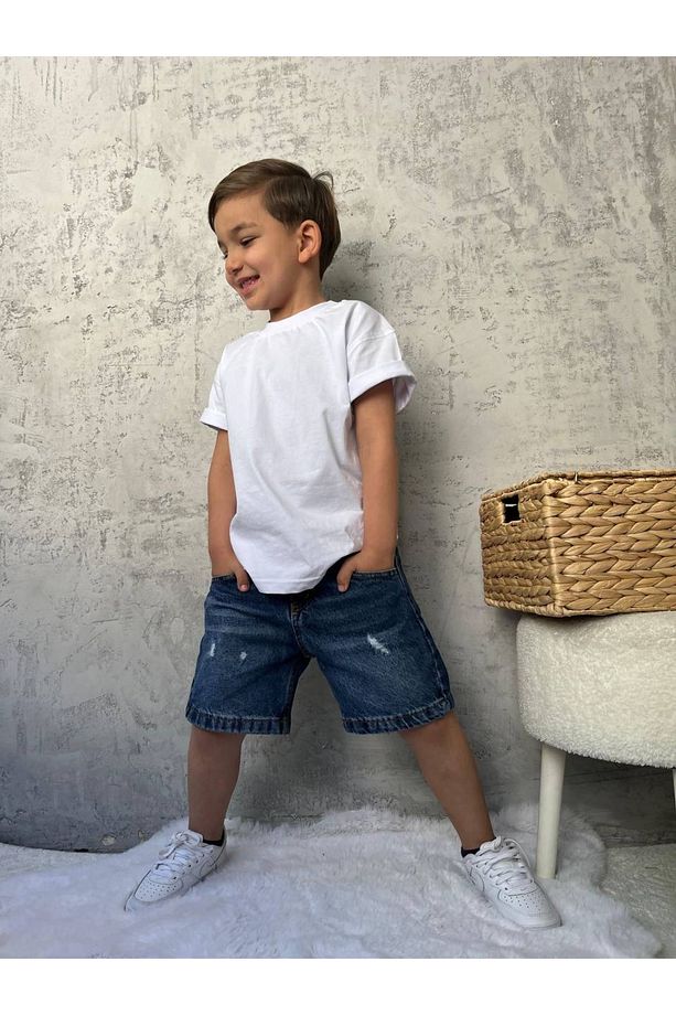 Yırtık Detaylı Unisex Denim Şort – Mavi (3-10 Yaş) - 5