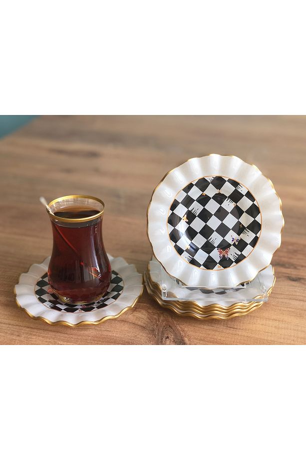 Dama Desenli Kıvrımlı Çay Tabağı 6 Adet - 1