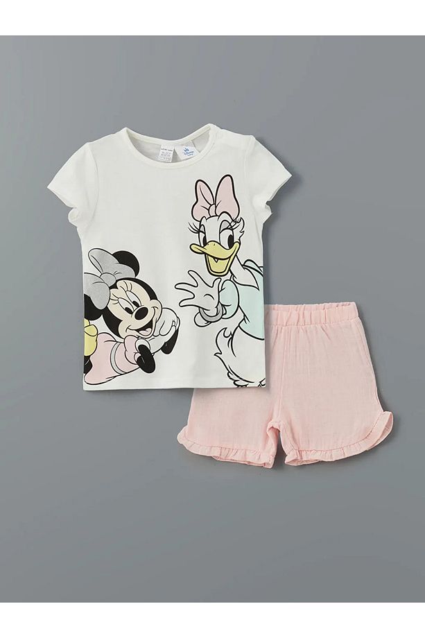 LCW baby Ekru Minnie Mouse Baskılı Kız Bebek Şortlu Pijama Takım - 1