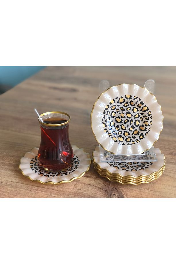 Leopar Desenli Kıvrımlı Çay Tabağı 6 Adet - 1