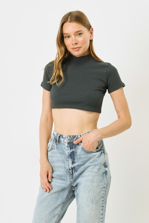 Women's short sleeve stand collar crop ribbed blouse 922 smoky