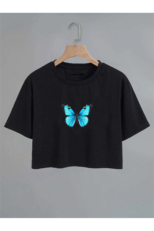 Children's Butterfly Printed Short Sleeve 100% Cotton Crop T-Shirt