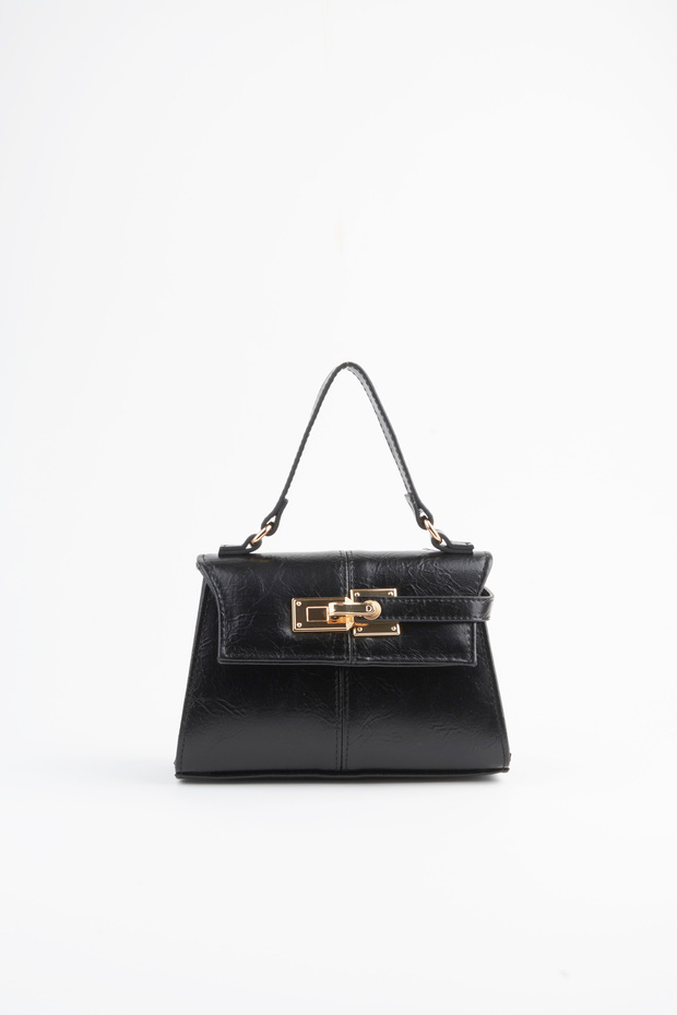 Women's Narcissus Black Design Lock Snap Closure Faux Leather Lined Handbag and Shoulder Bag