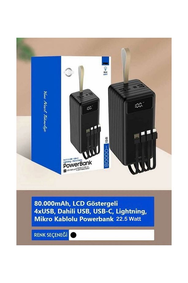 80000mAh 22.5W Hızlı Şarj LCD Gösterge Dahili Lightning Type-C Micro Kablolu POWERBANK - 2