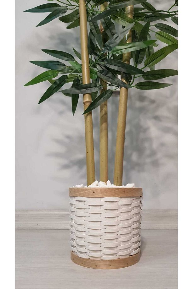 Dekoratif Pwc Rattan Saksılı Ahsap Detaylı Yapay Yoğun Yapraklı Dekoratif Bambu Ağacı 3 Gövde 110cm - 2