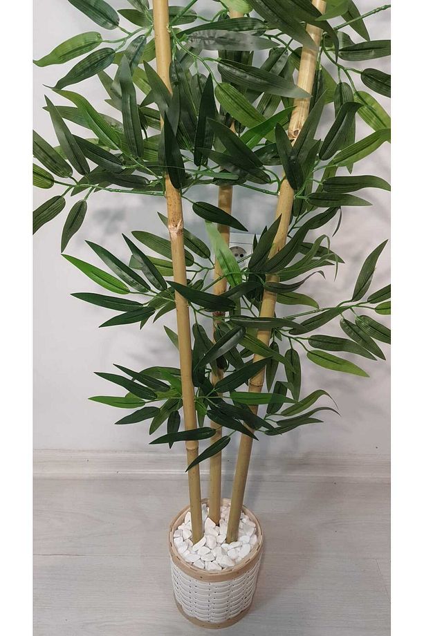 Dekoratif Pwc Rattan Saksılı Ahsap Detaylı Yapay Yoğun Yapraklı Dekoratif Bambu Ağacı 3 Gövde 110cm - 4