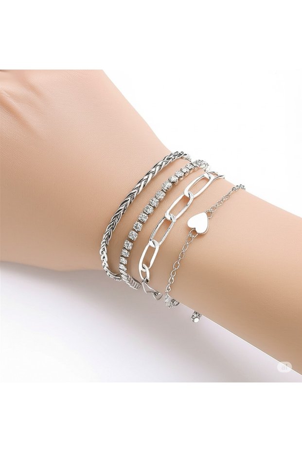 Women's 4-Piece Heart Detailed Silver Color Combination Bracelet Set