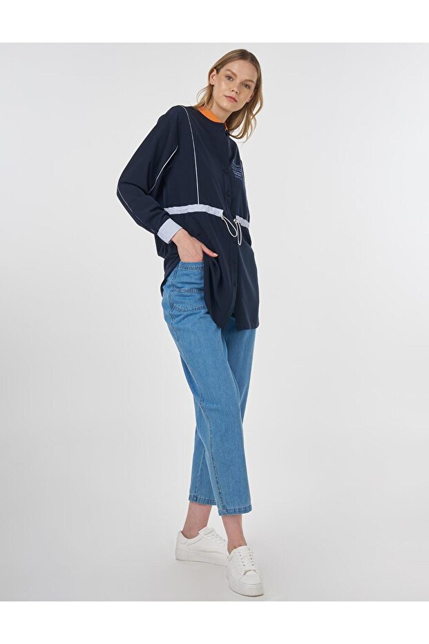 Beli Ayarlanabilir Sloganlı Tunik Koyu Lacivert - 2