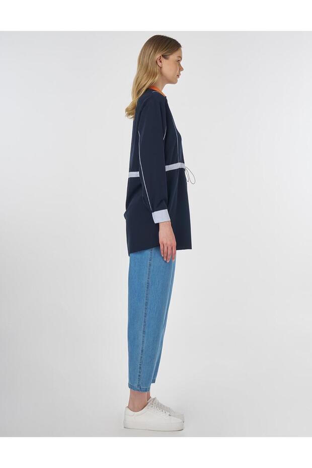 Beli Ayarlanabilir Sloganlı Tunik Koyu Lacivert - 6