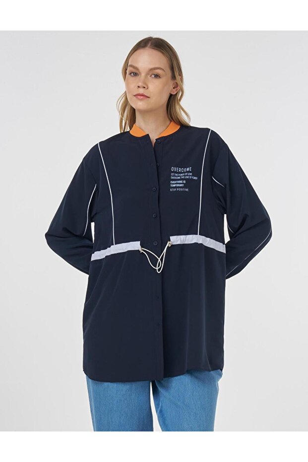 Beli Ayarlanabilir Sloganlı Tunik Koyu Lacivert - 1