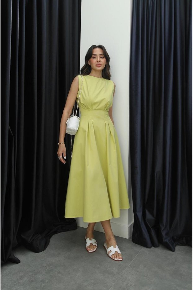 Yellow Waist-Fitted Linen Dart-Detail Dress