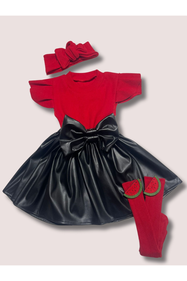 Girl's Leather Skirt, Bow 3-Piece Set, Ruffled Sleeveless Badi, Watermelon Socks, Bandana 4,5,6,7 Years Old