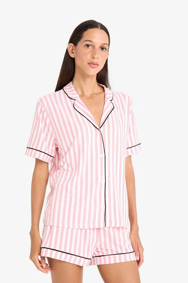 Regular Fit Pijama Takımı Çizgili Kısa Kollu Üst Esnek Şort-Fall in Love B8720AX25SM - 3