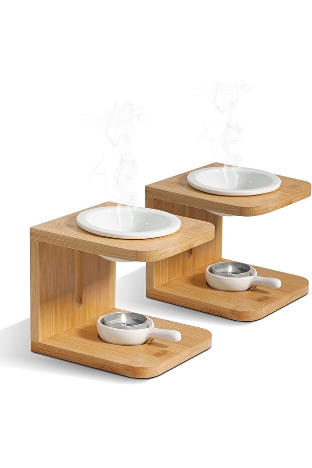 Wooden Essential Oil Burner with Ceramic Bowl - Tealight Wax Melt Heater (2 Pack)