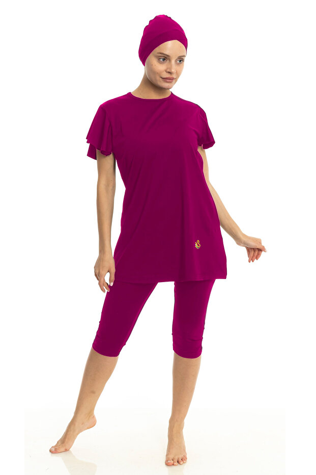 Kısa Balon Kollu Yarı Tesettür Mayo - 1