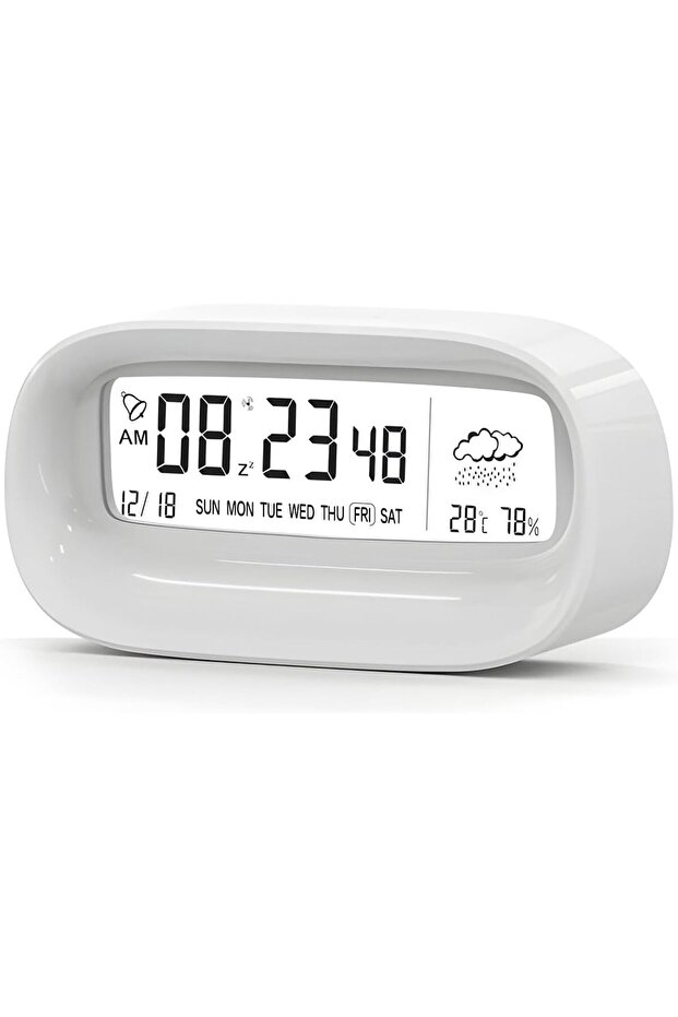 Digital Alarm Clock Transparent LED Display with Temperature & Humidity - White - 1