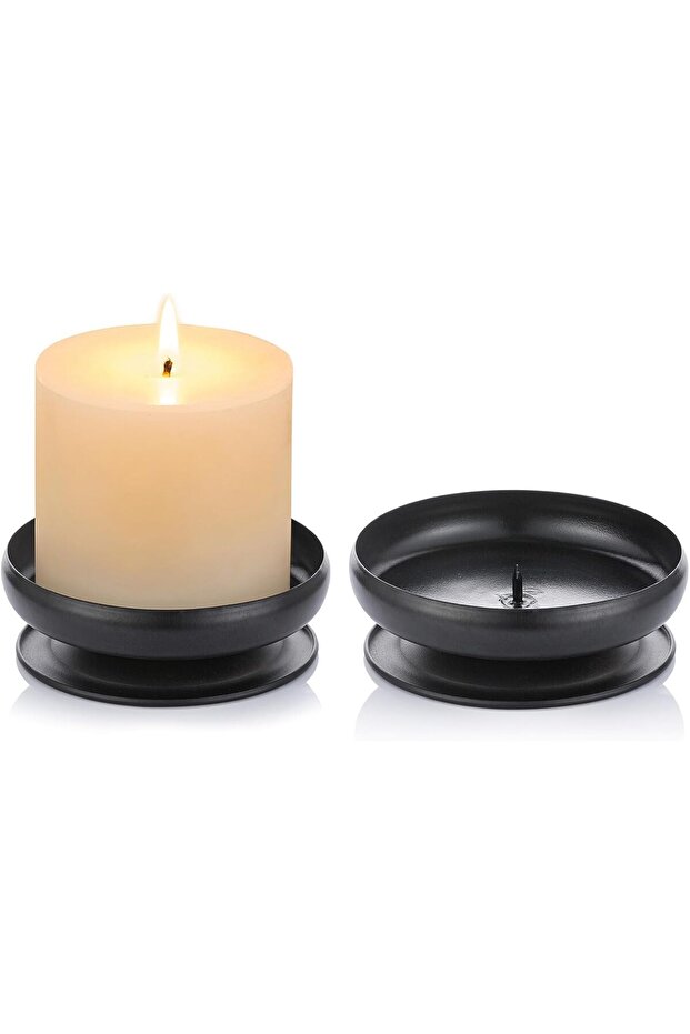 Set of 2 Black Iron Pillar Candle Holders with Spike, 3.6"/9cm Diameter