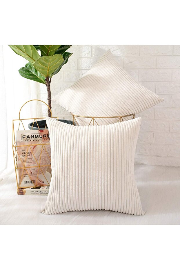Pack of 2 Corduroy Decorative Rectangle Throw Pillow Covers 12x20 Inch (Striped Cream)
