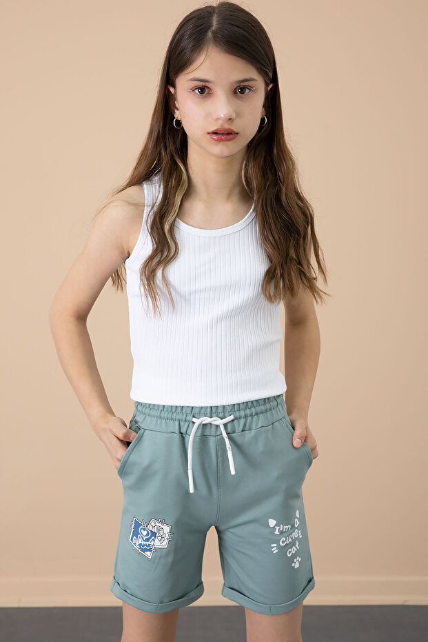 Green Paw Cute Printed Girl's Elastic Waist Shorts 20730