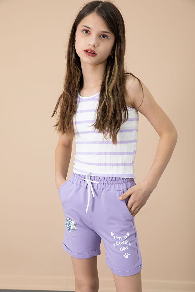 Lilac Paw Cute Printed Girl's Elastic Waist Shorts 20733