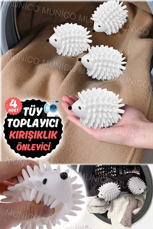 4 Adet Yeniden Kullanılabilir PVC Kirpi Kurutma Topu - Çamaşır Makinesi İçin Tüy ve Tozları Toplayan - 4
