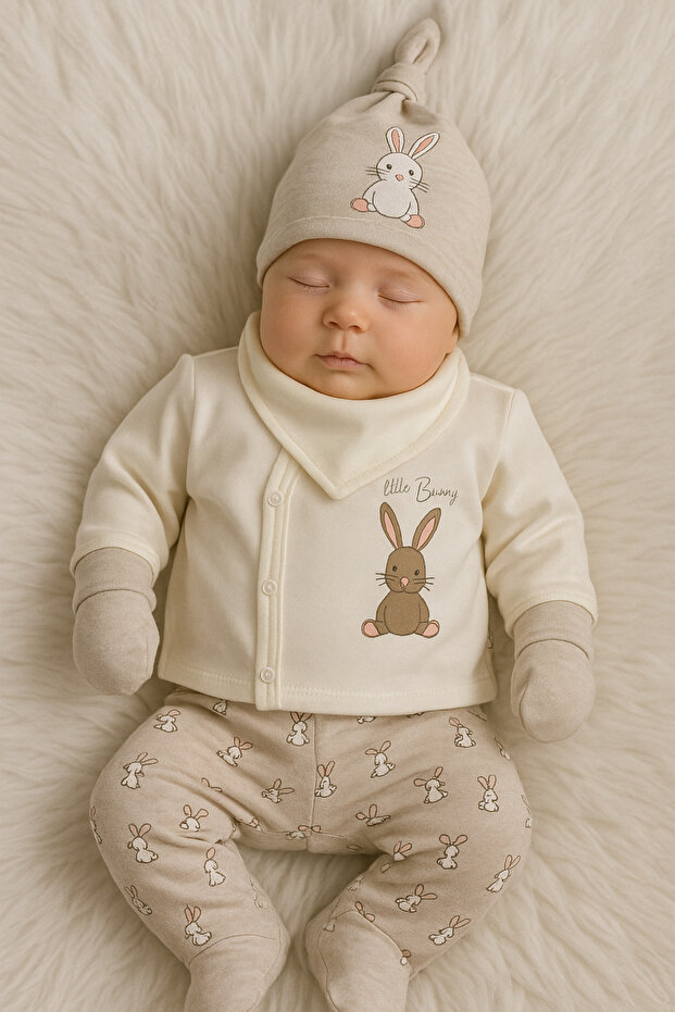 Linda Harris Little Bunny Ekru-Bej Melanj 5’li Yenidoğan Bebek Hastane Çıkışı Seti