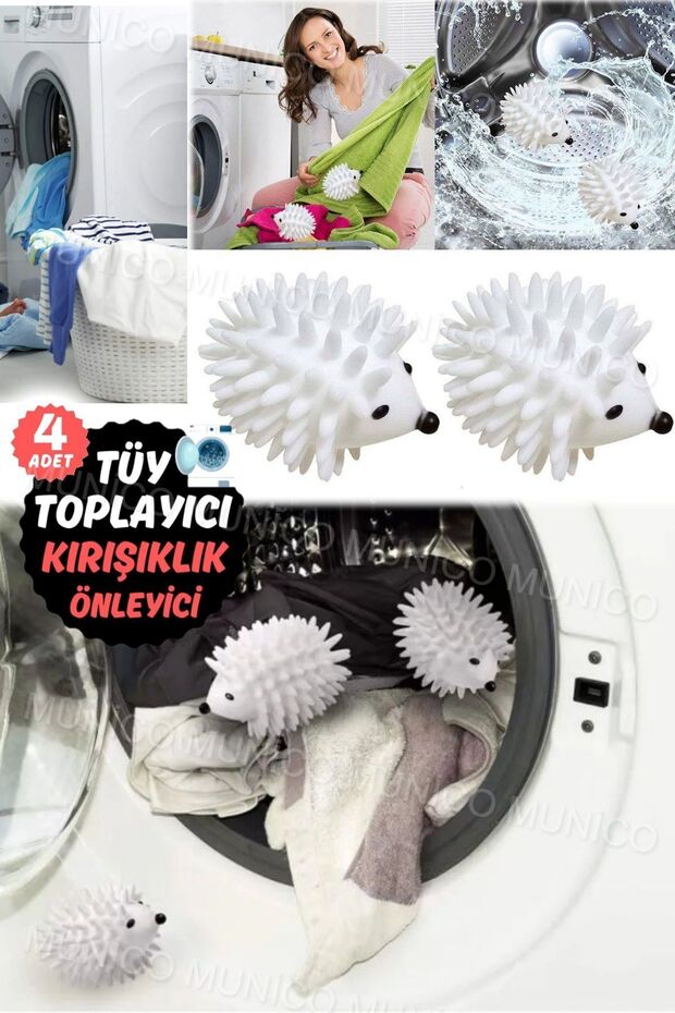 4 Adet Yeniden Kullanılabilir PVC Kirpi Kurutma Topu - Çamaşır Makinesi İçin Tüy ve Tozları Toplayan - 5