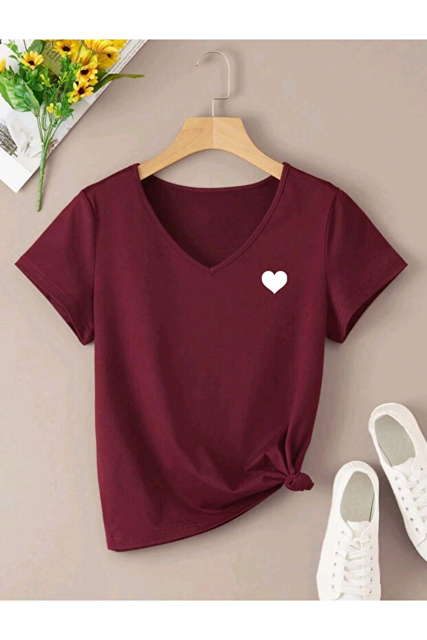 V-Neck Tiny Heart Printed Summer Women's T-Shirt