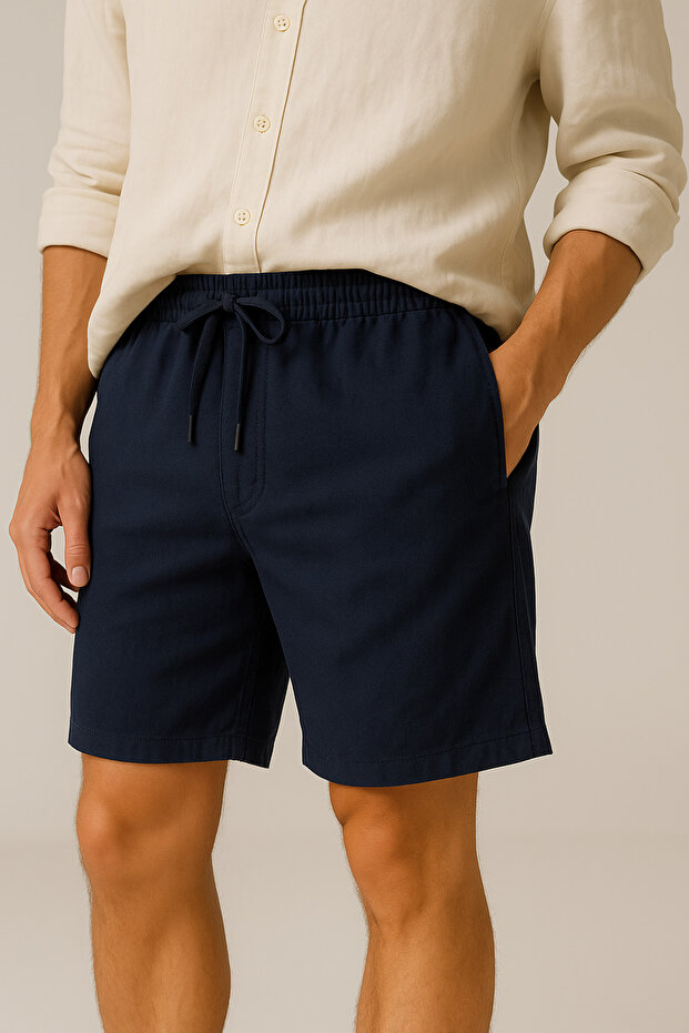 Men's Navy Blue Pocket Linen Textured Shorts