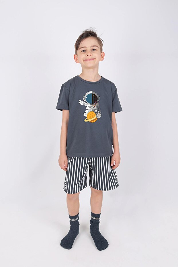 Boys Cotton Short Sleeve Top with Astronaut Print Bottom Striped Shorts Set