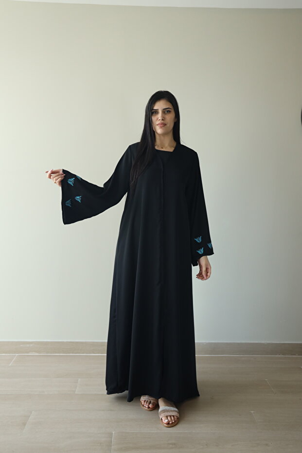 Ladies Nida Fabric Abaya - Bell Sleeves with Blue Embroidered Patches Black abaya