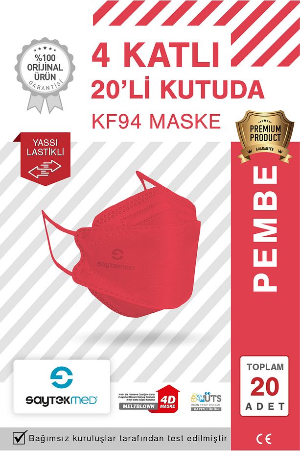 KF94 Kore Tipi, 4 katlı, PEMBE Maske, Tekli Paket, UV Steril (1 Kutu/ 20 Adet) - 3