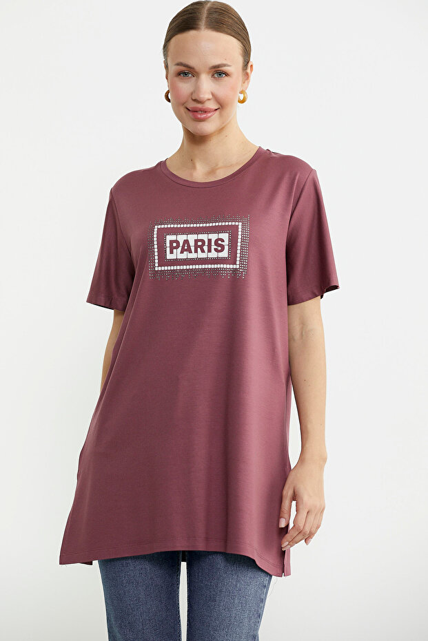 Plus Size Printed Long Tunic T-Shirt - Rose