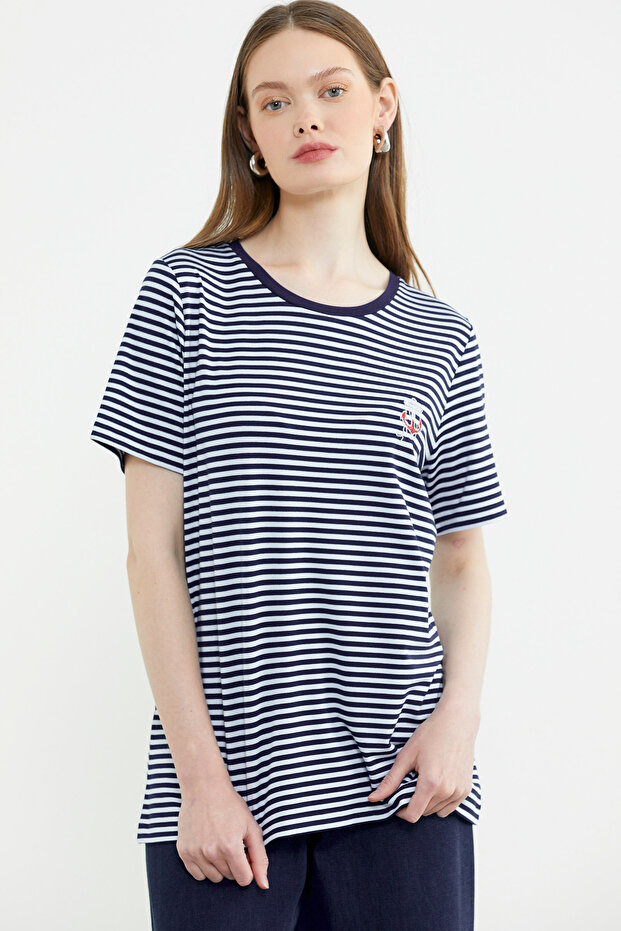 Combed Cotton T-Shirt with Striped Embroidery Detail - Navy Blue