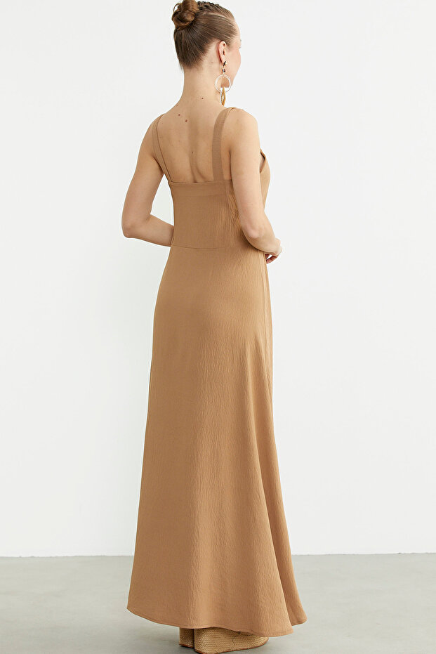 İnce Askılı Uzun Krep Elbise - Kamel - 7