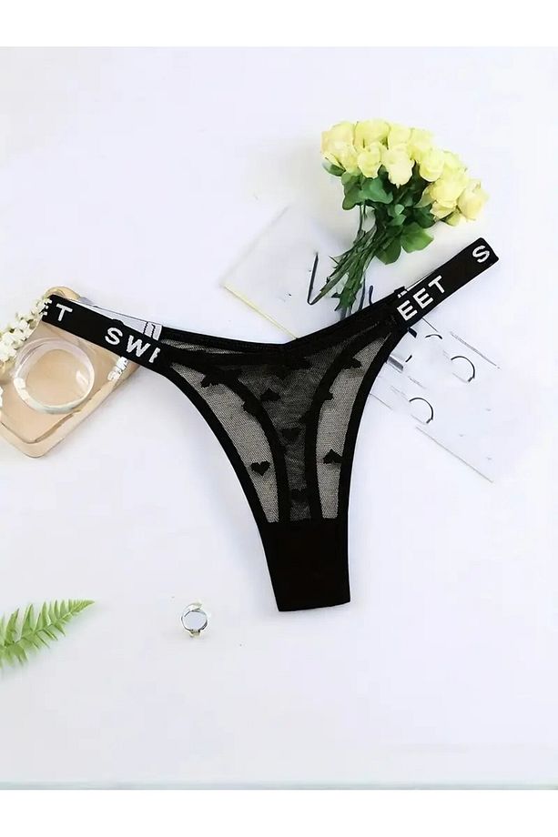 Zarif Poliamid Karışımlı Tanga - Kalp Desenli, Kontrastlı File Tasarım, G-String Tanga Külot - 1