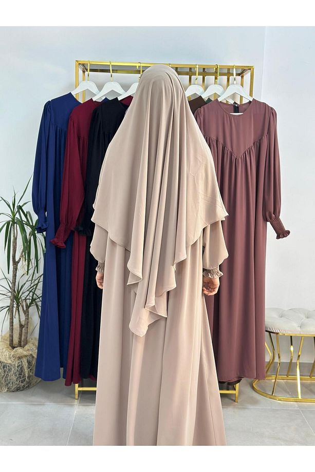tesettür önü V model büzgülü elbise ,sufle esarp takım ,abaya hijap bej renk - 5
