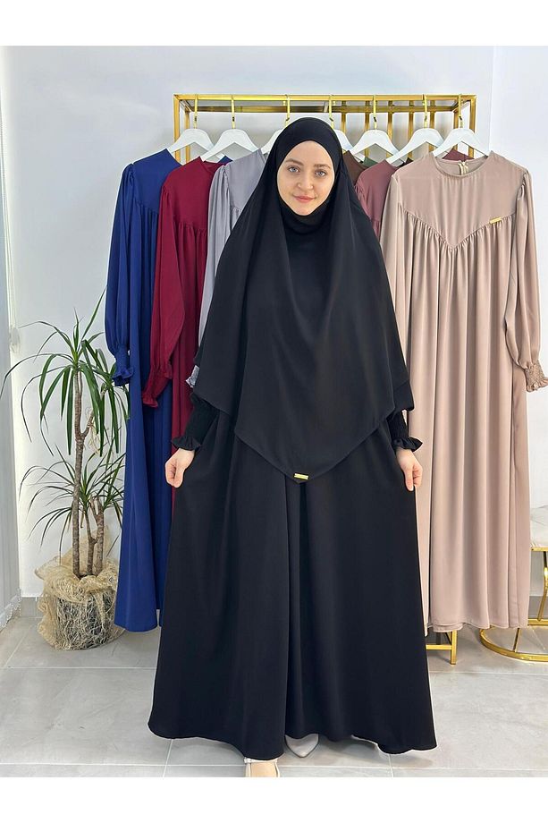 tesettür önü V model büzgülü elbise ,sufle esarp takım ,abaya hijap siyah - 3