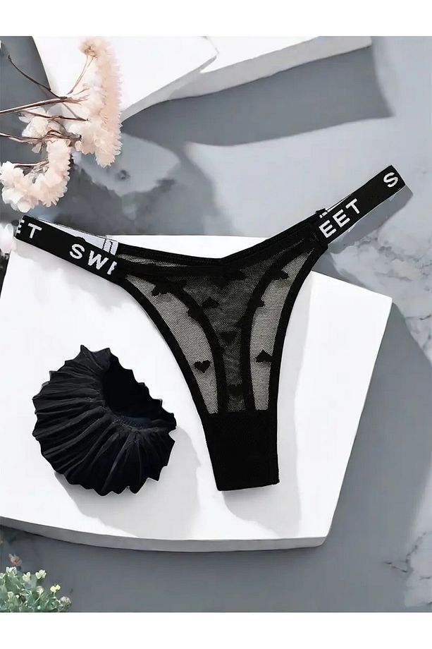 Zarif Poliamid Karışımlı Tanga - Kalp Desenli, Kontrastlı File Tasarım, G-String Tanga Külot - 4