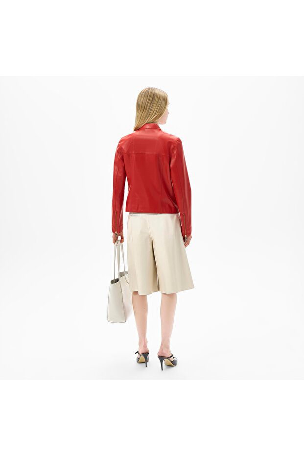 Kadın Beyaz Deri Bermuda Şort - 2