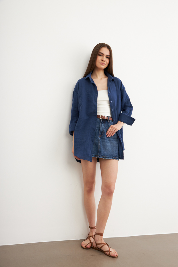 Kadın Lacivert Oversize Basic Müslin Gömlek - 6