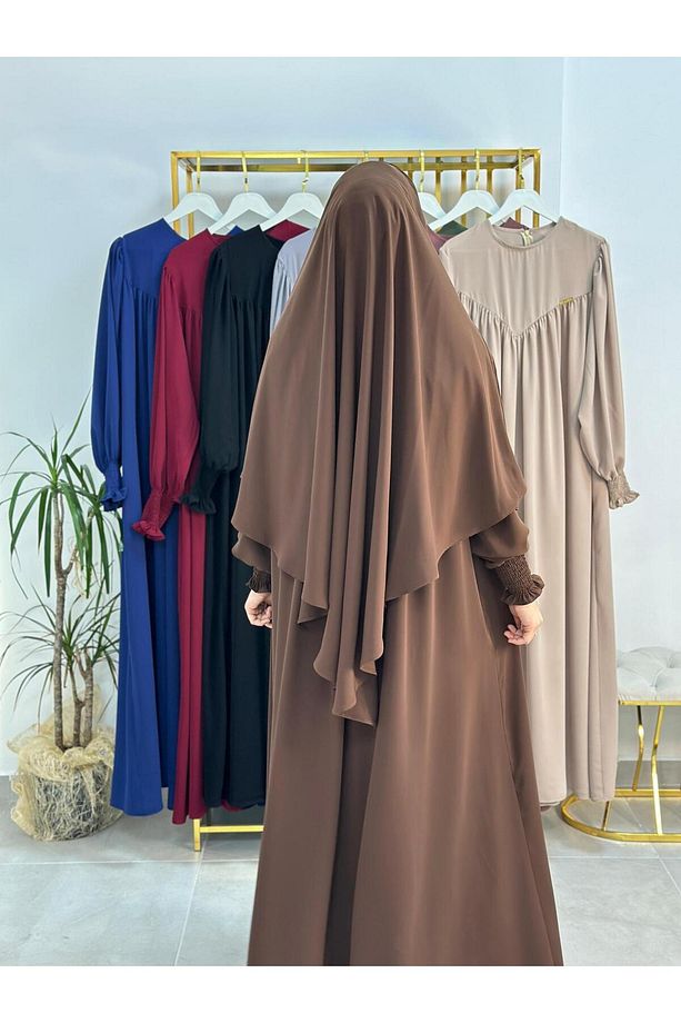 tesettür önü V model büzgülü elbise ,sufle esarp takım ,abaya hijap kahve - 5
