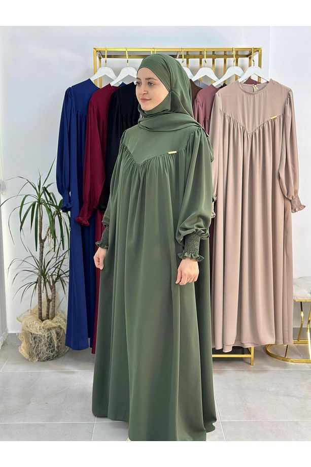 tesettür önü V model büzgülü elbise ,sufle esarp takım ,abaya hijap yeşil - 4