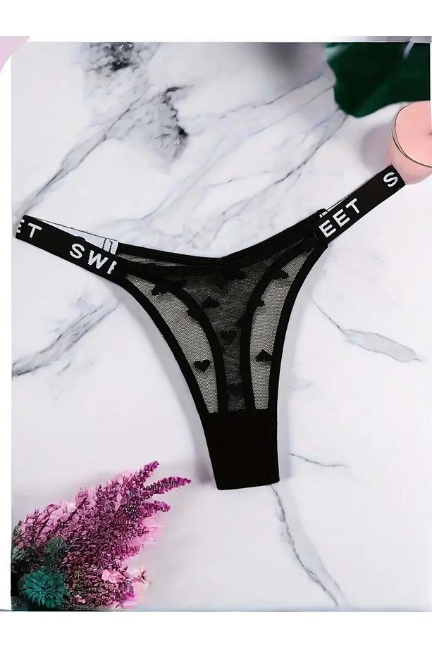 Zarif Poliamid Karışımlı Tanga - Kalp Desenli, Kontrastlı File Tasarım, G-String Tanga Külot - 3