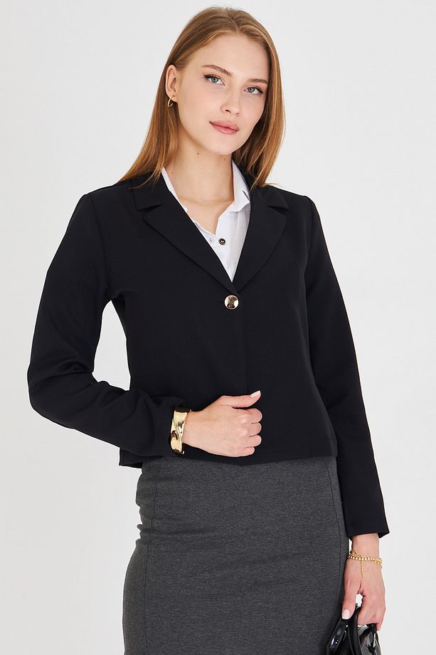 Kadın Siyah Tek Düğmeli Crop Ceket Arm-22y001237 - 4