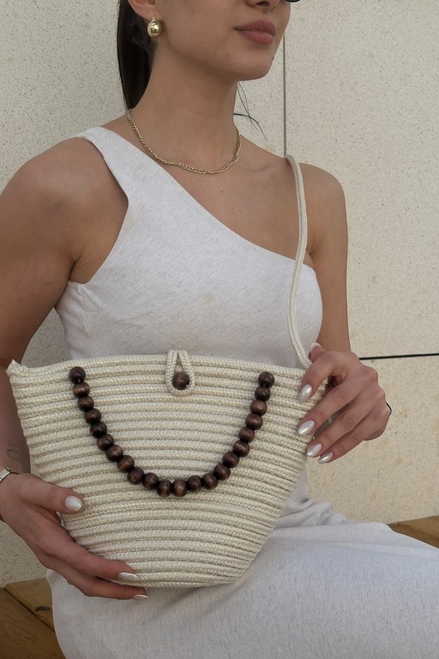 Kaia Natural Wooden Beaded, Beach and Casual, Stylish and Elegant Crossbody Bag