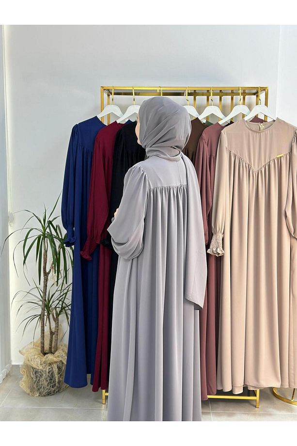 şallı takım,tesettür önü V model büzgülü elbise ,abaya hijab,ferrace hac ve umre ıcınde uygundur gri - 4